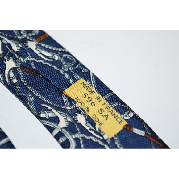 Vintage Hermes Blue Gold Equestrian? Tie 100% Silk Made in France - Picture 7 of 9